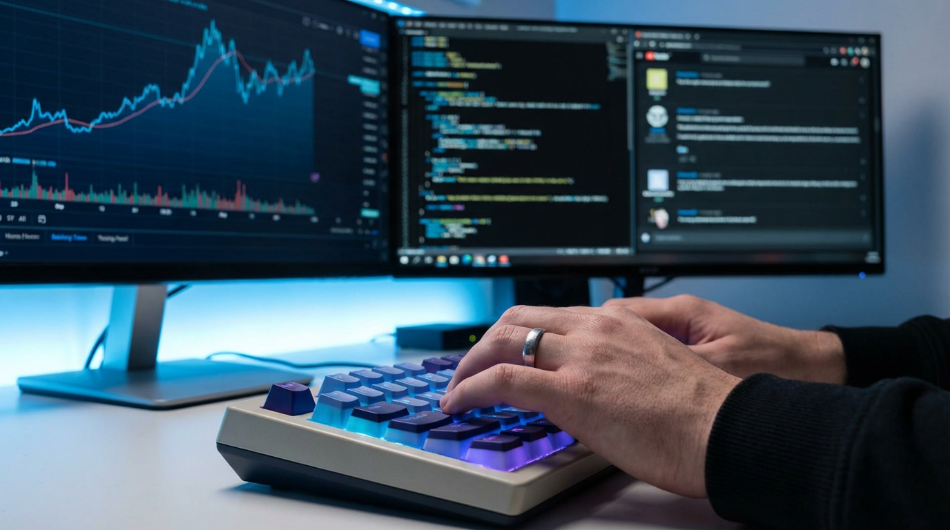 Gracz analizujący dane na wielu monitorach w ciemnym pokoju