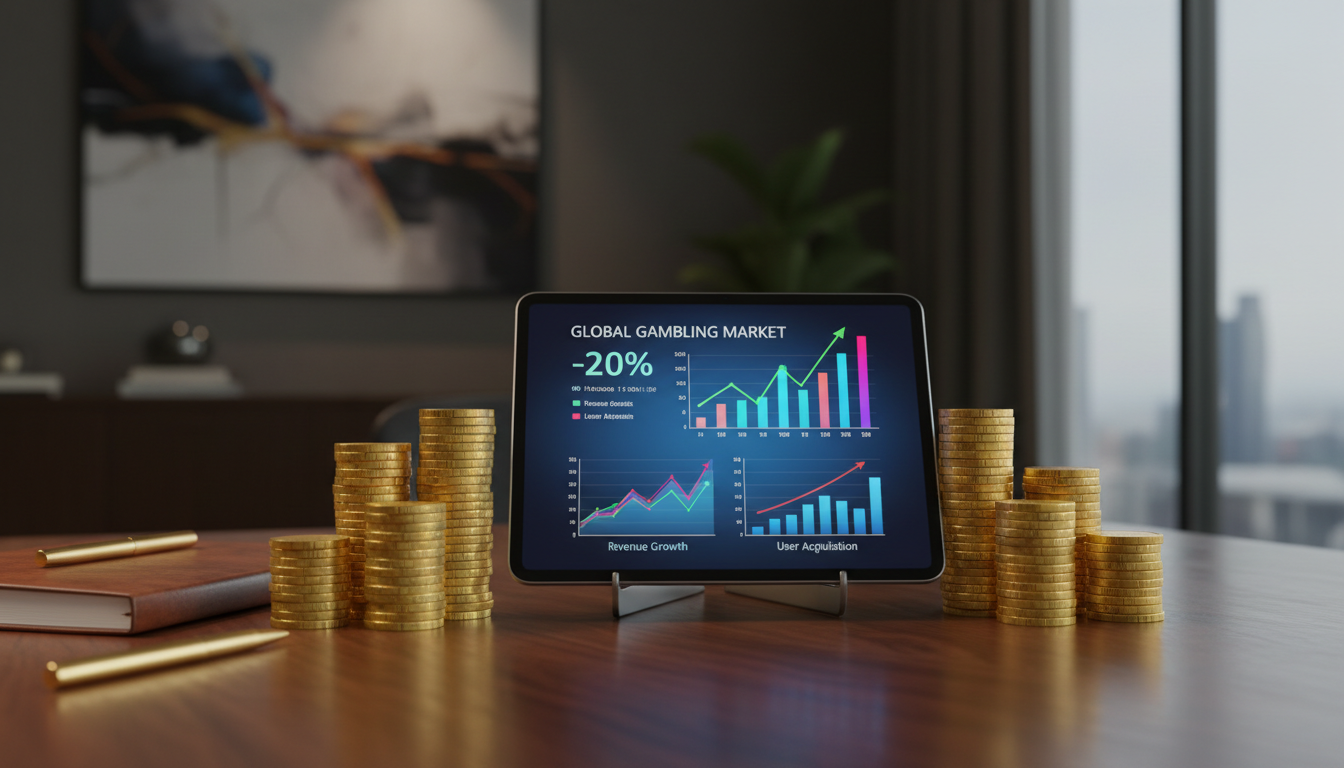 Ilustracja przedstawiająca stosy złotych monet i cyfrowe wykresy zysków na ekranie tabletu