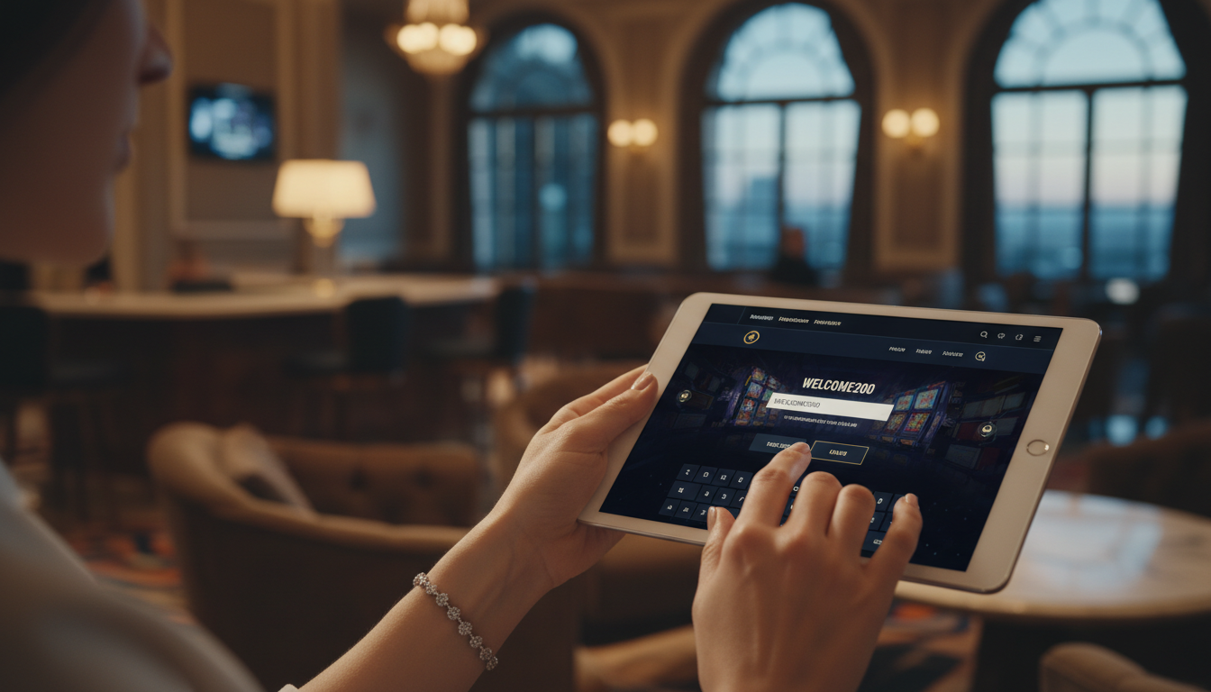 Gracz wpisujący kod promocyjny na tablecie w luksusowym wnętrzu