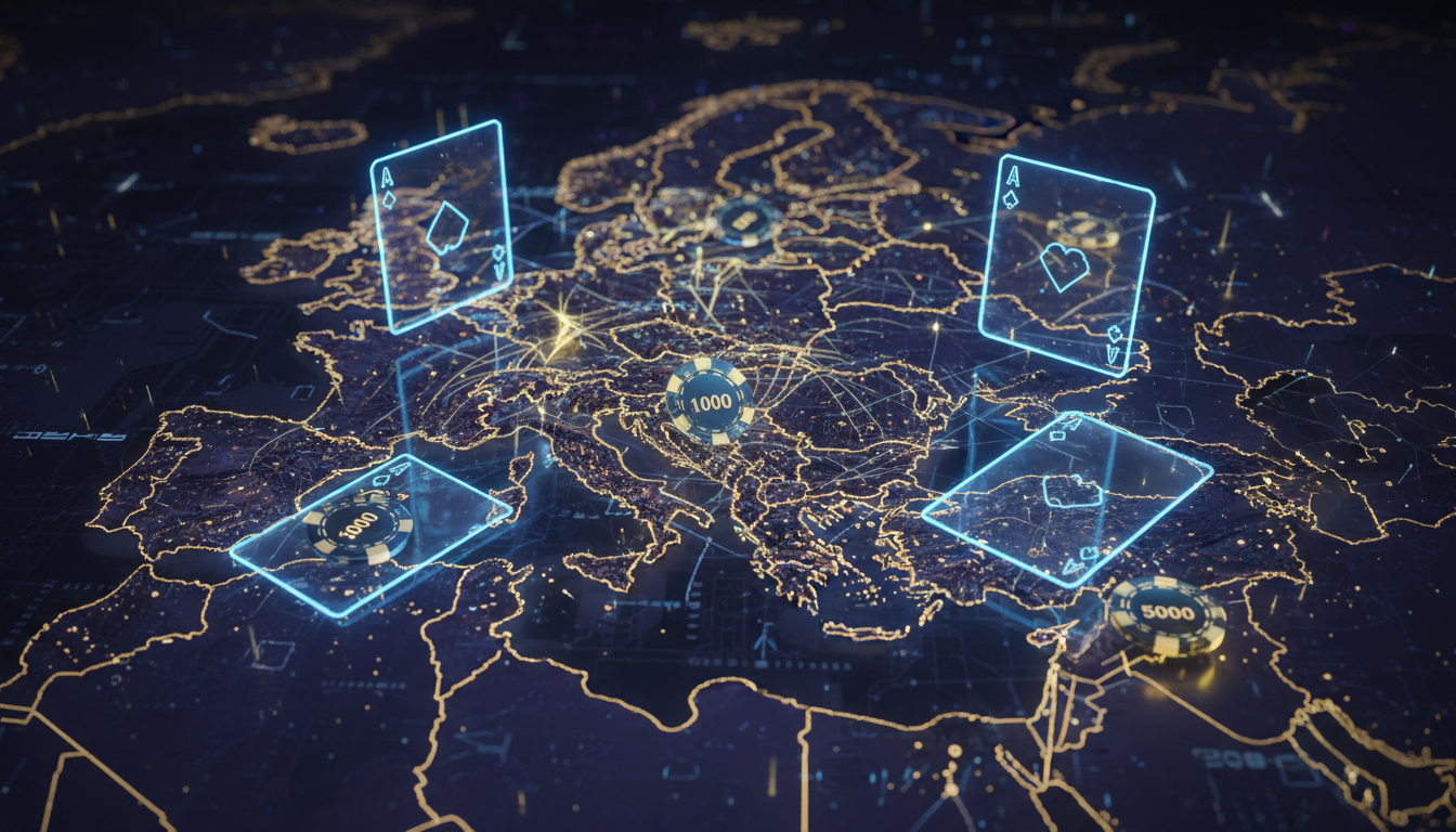 Ilustracja przedstawiająca cyfrowe karty do gry i żetony na tle mapy Europy