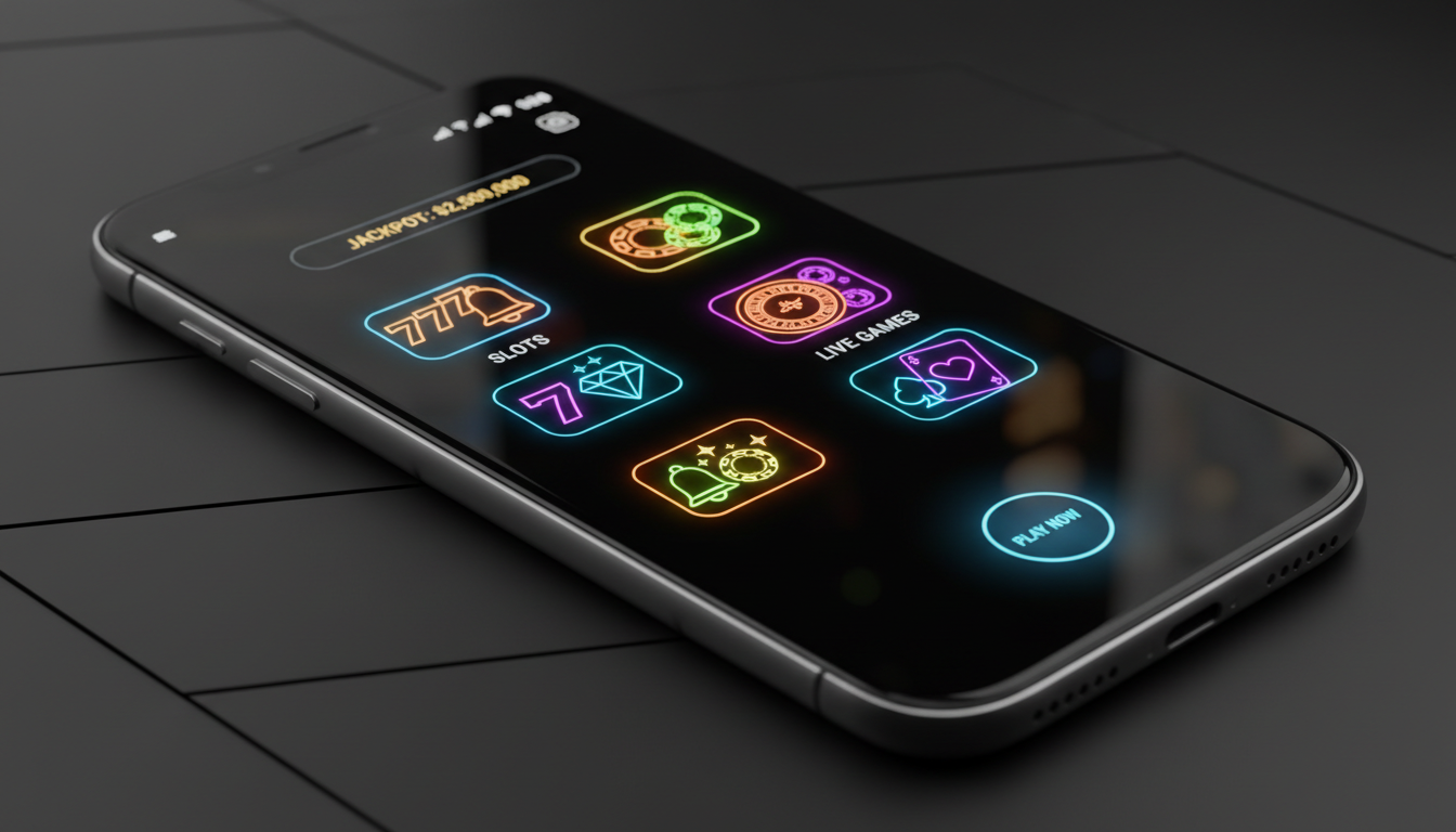 Futuristic smartphone displaying a gambling app with neon interface